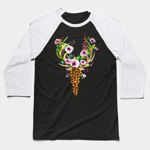 Leopard Deer Watercolor Floral Baseball T-Shirt by LotusTee